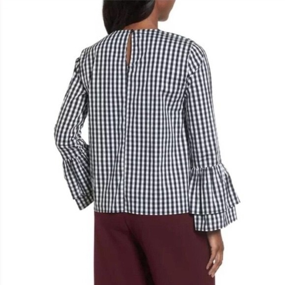 Halogen Nordstrom Gingham Long Bell Sleeves Poplin Top Stretchy Blouse S Small - Picture 3 of 9